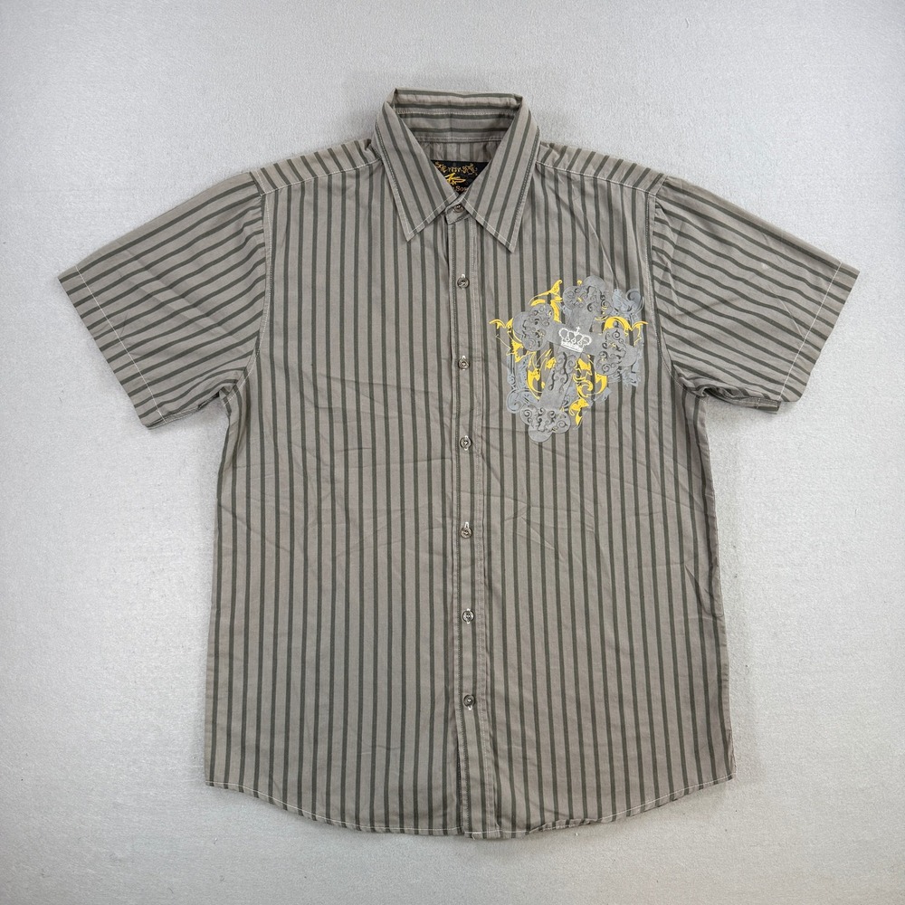 Seven Souls Shirt Men Large Gray Button Up Striped Cross Gothic Grunge Biker Y2K